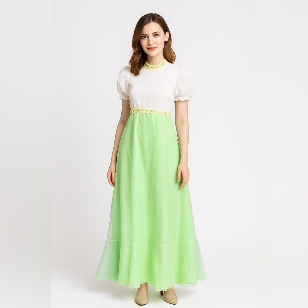 Vintage 70s ILGWU Regency Empire Waist Dress Women's S Mint Green Long Prairie